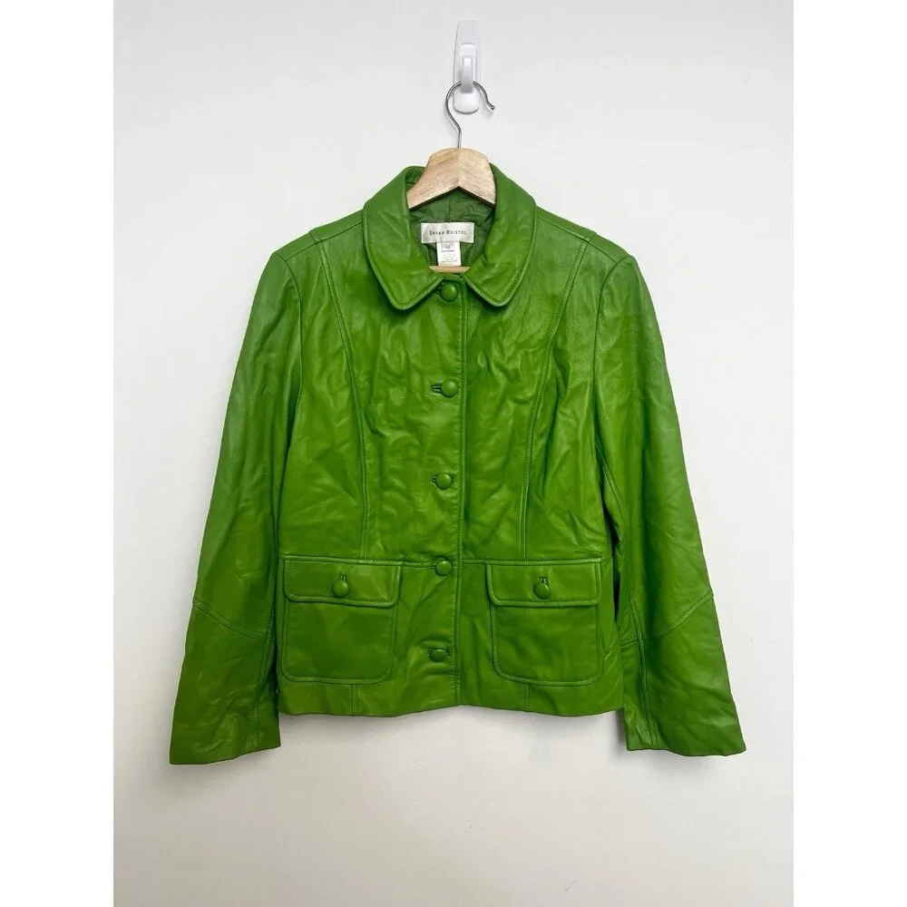 Susan Bristol Vintage Genuine Green Soft Leather Blazer Jacket Sz 10 - Picture 11 of 11